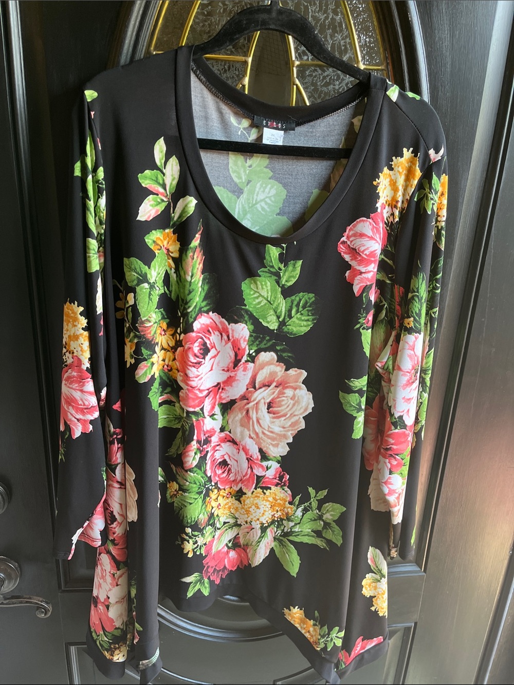 Cyrus Black Floral Scoop Neck Tunic with Pink and Yellow Roses